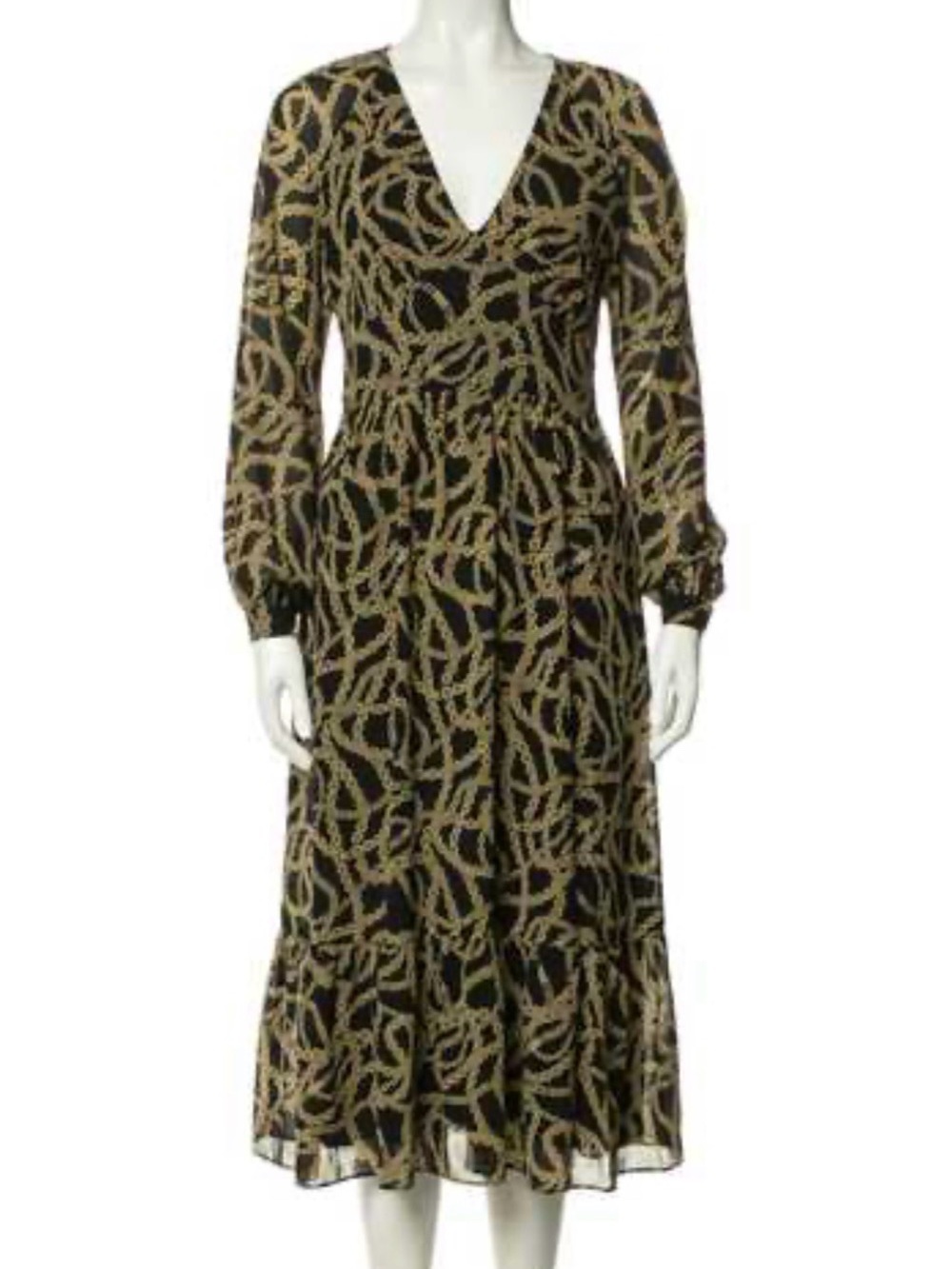 Michael Kors Dress XL Black Gold Chain Print Slinky Chiffon Long Sleeves